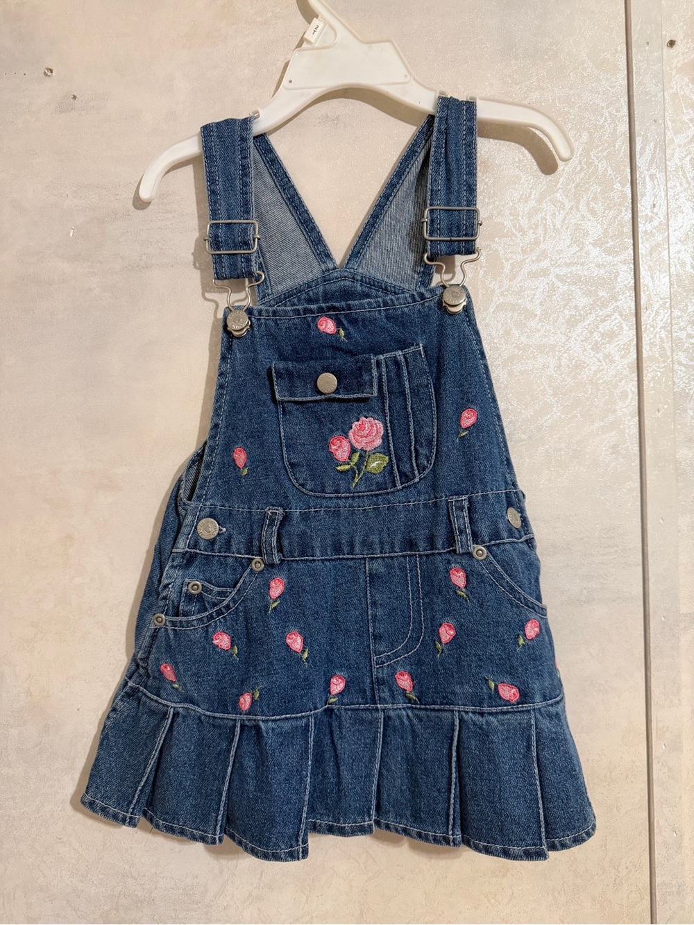 Vintage Y2K Girls' Dark Blue Denim Dress with Pink Rose Embroidery